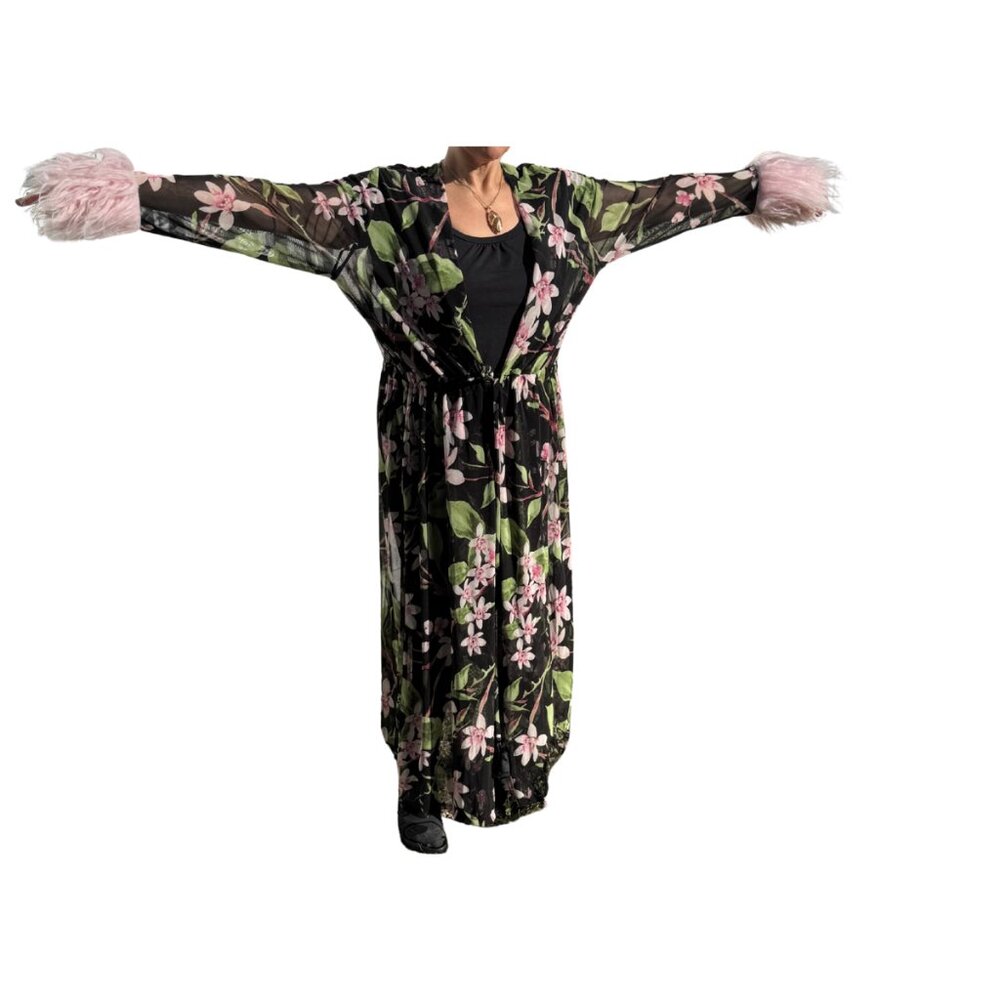 Jennafer Grace Sheer Floral Kimono Duster Pink Faux Fur Cuffs XL *Hem Damage*